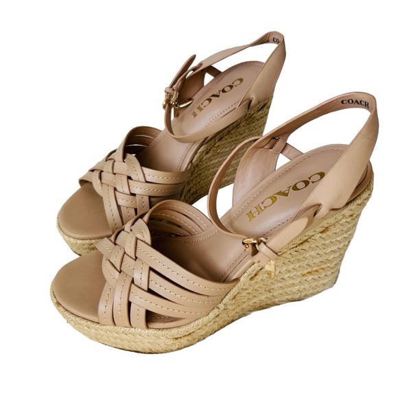 COACH Beige Dottie Open Toe Ankle Strap Wedge Espadrille Sandals Size 6 - Picture 1 of 16